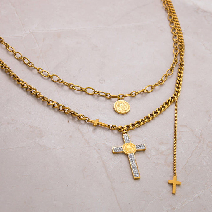 Christianartworkshop Collier à plusieurs rangs avec pendentif croix de Saint-Benoît et chaînes mixtes - image 3