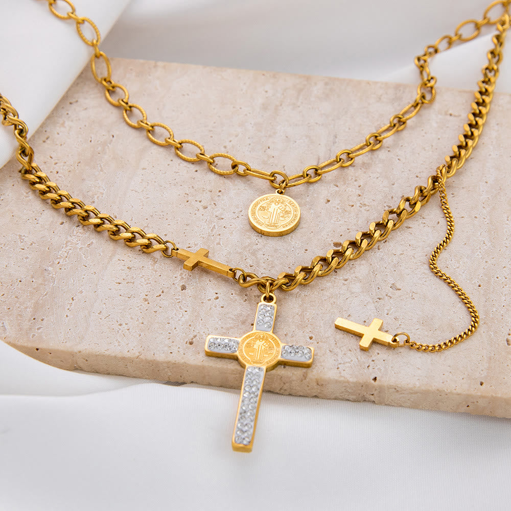 Christianartworkshop Collier à plusieurs rangs avec pendentif croix de Saint-Benoît et chaînes mixtes - image 1