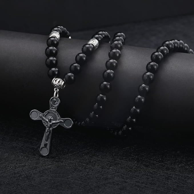 Christianartworkshop Collier pendentif crucifix style rétro noble avec perles noires pour calculs biliaires - image 2