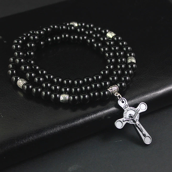 Christianartworkshop Collier pendentif crucifix style rétro noble avec perles noires pour calculs biliaires - Noir - image 0