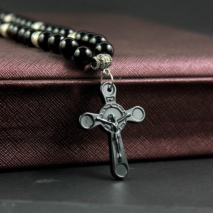 Christianartworkshop Collier pendentif crucifix style rétro noble avec perles noires pour calculs biliaires - image 3