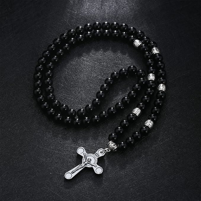 Christianartworkshop Collier pendentif crucifix style rétro noble avec perles noires pour calculs biliaires - image 1