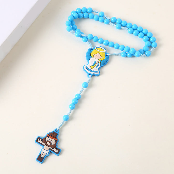 Christianartworkshop Chapelet pour enfant avec ange gardien et crucifix, cordon rond en nylon acrylique rose/bleu de 8 mm - image 9