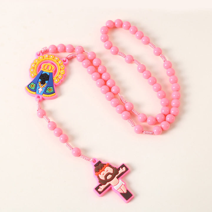 Christianartworkshop Chapelet pour enfant avec ange gardien et crucifix, cordon rond en nylon acrylique rose/bleu de 8 mm - Notre Dame - Rose - image 2