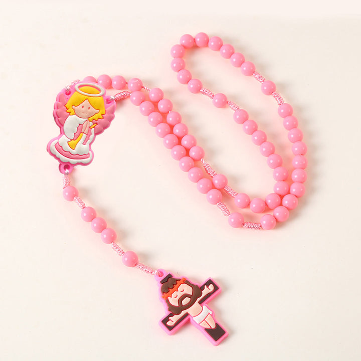 Christianartworkshop Chapelet pour enfant avec ange gardien et crucifix, cordon rond en nylon acrylique rose/bleu de 8 mm - Ange gardien - Rose - image 0