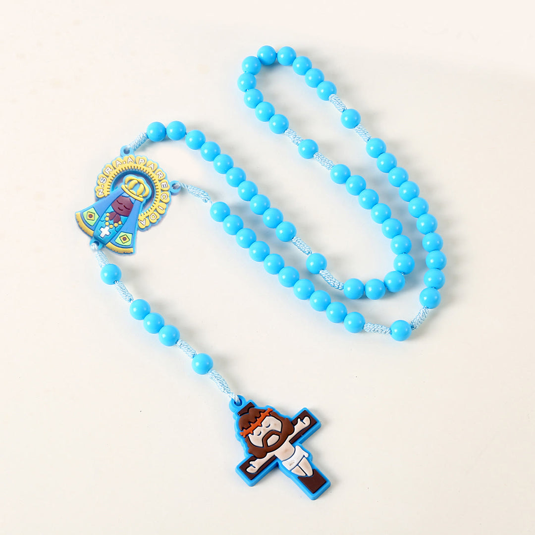 Christianartworkshop Chapelet pour enfant avec ange gardien et crucifix, cordon rond en nylon acrylique rose/bleu de 8 mm - Notre Dame - Bleu - image 3