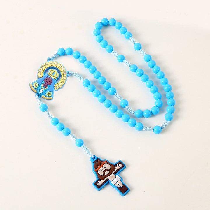 Christianartworkshop Chapelet pour enfant avec ange gardien et crucifix, cordon rond en nylon acrylique rose/bleu de 8 mm - Notre Dame - Bleu - image 3
