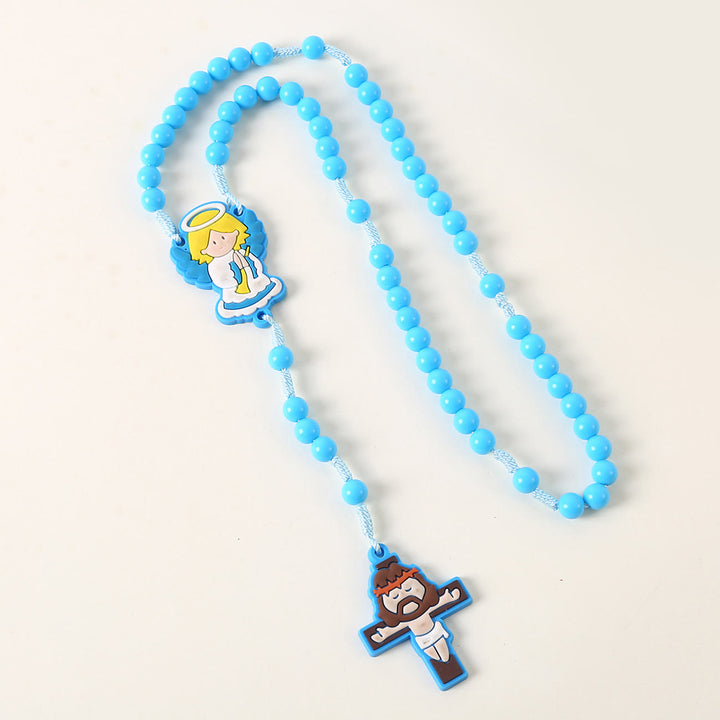 Christianartworkshop Chapelet pour enfant avec ange gardien et crucifix, cordon rond en nylon acrylique rose/bleu de 8 mm - Ange gardien - Bleu - image 1
