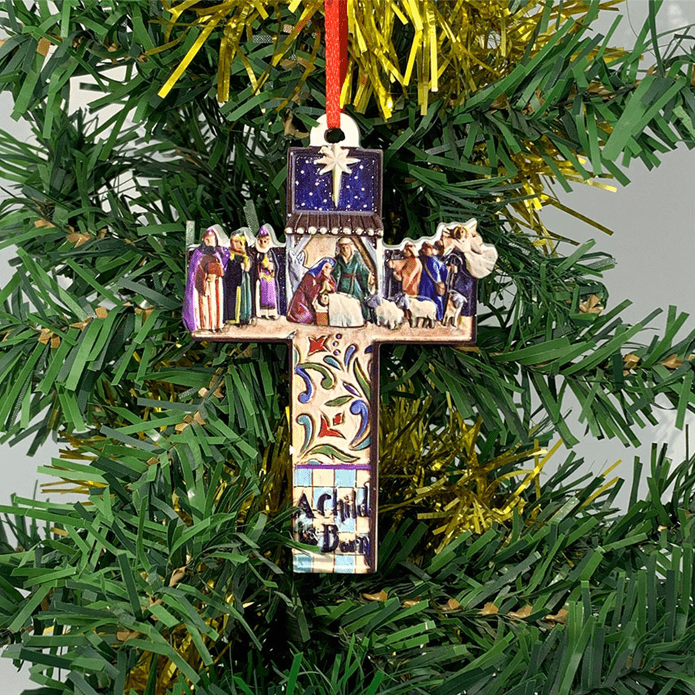 Christianartworkshop Pendentif rétro coloré en forme de croix de Jésus naissant, décoration de Noël pour la Nativité - Crèche - image 0