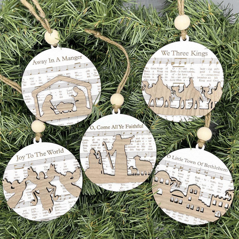 Christianartworkshop 5 décorations de Noël rustiques en bois, partitions musicales - Ensemble de 5 pièces - image 0