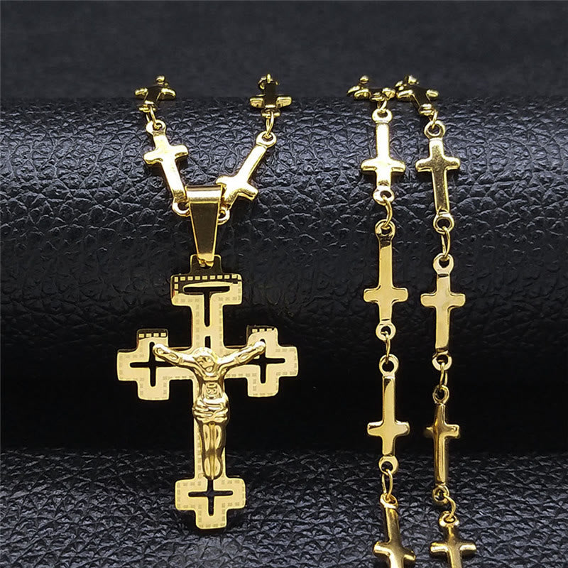 Christianartworkshop Collier pendentif crucifix style rétro noble avec chaîne en forme de croix - Doré - image 0