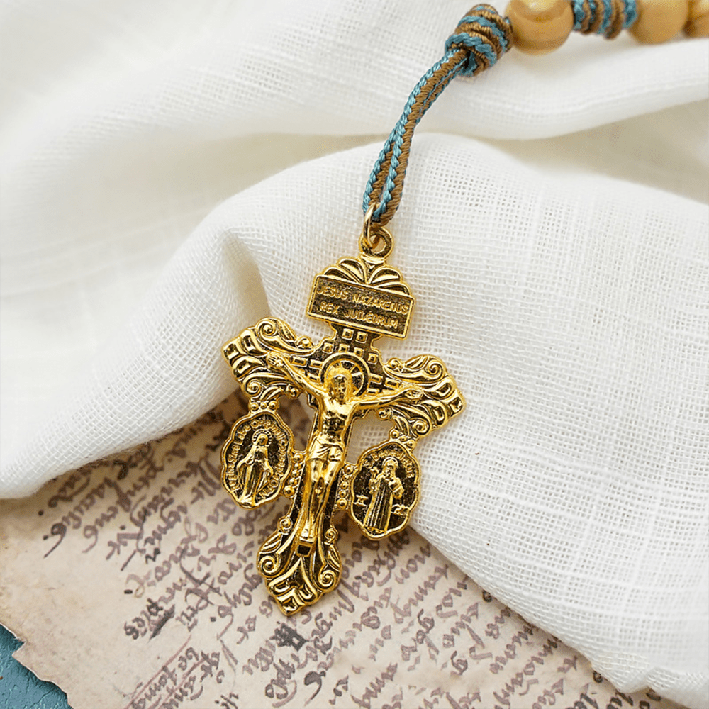 Christianartworkshop Médaille et crucifix de saint Benoît, chapelet rond de 10 mm en bois d'olivier doré avec cordon en nylon, pour pochette - image 6