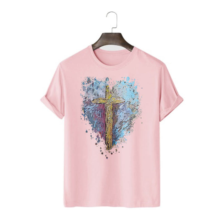 T-shirt à manches courtes Christianartworkshop style classique avec croix sur le cœur - Rose - 2XL - image 13