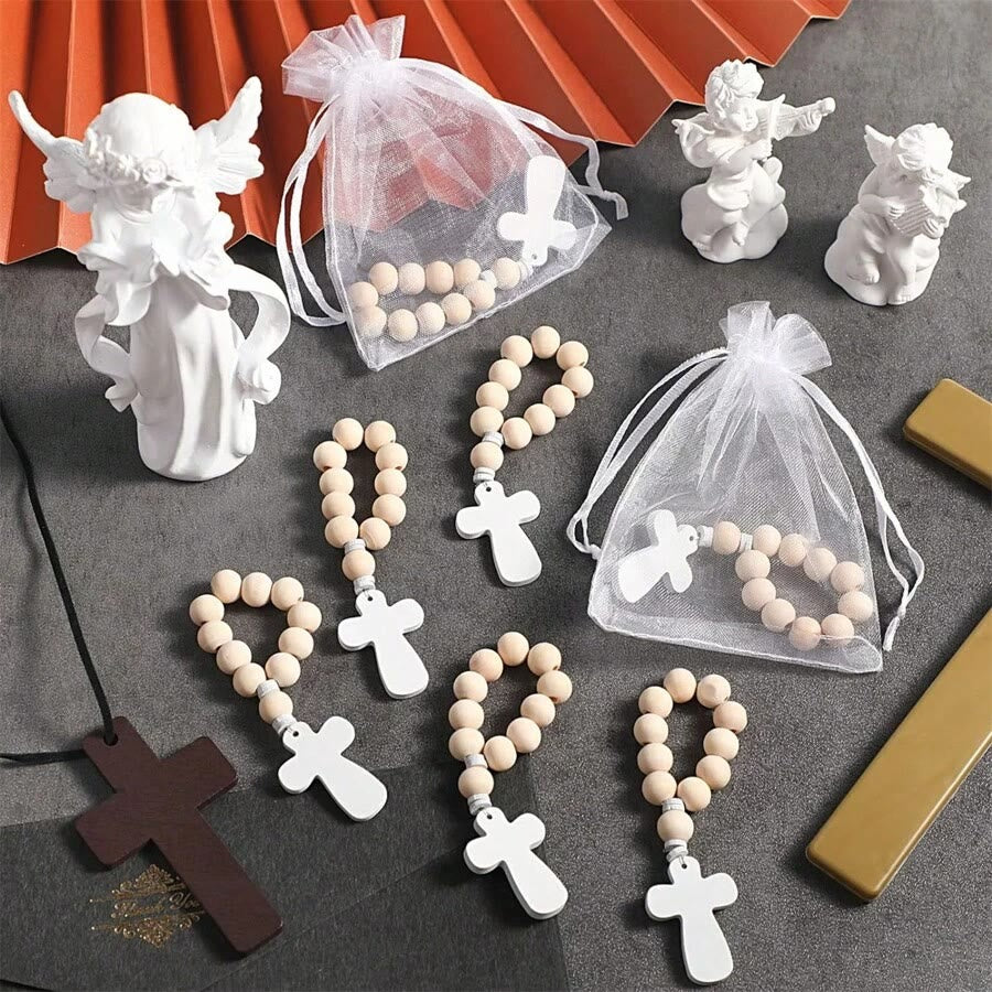 Christianartworkshop Chapelet de poche en bois multifonctionnel pour baptême, prières et décorations de fêtes - Lot de 4 - Croix blanche - image 1
