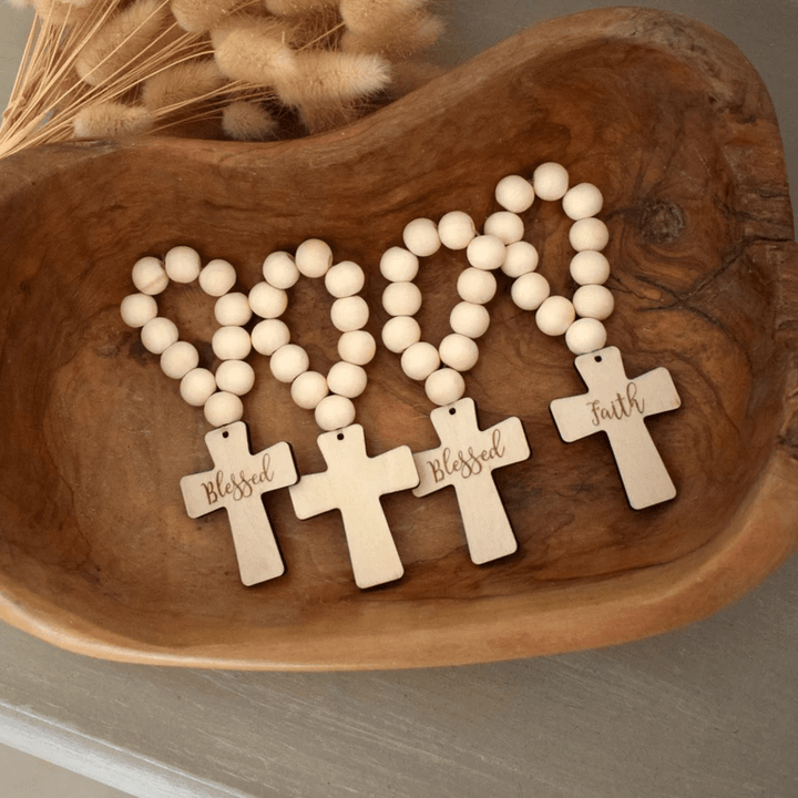 Christianartworkshop Chapelet de poche en bois multifonctionnel pour baptême, prières et décorations de fêtes - Lot de 2 - Croix bénite - image 0