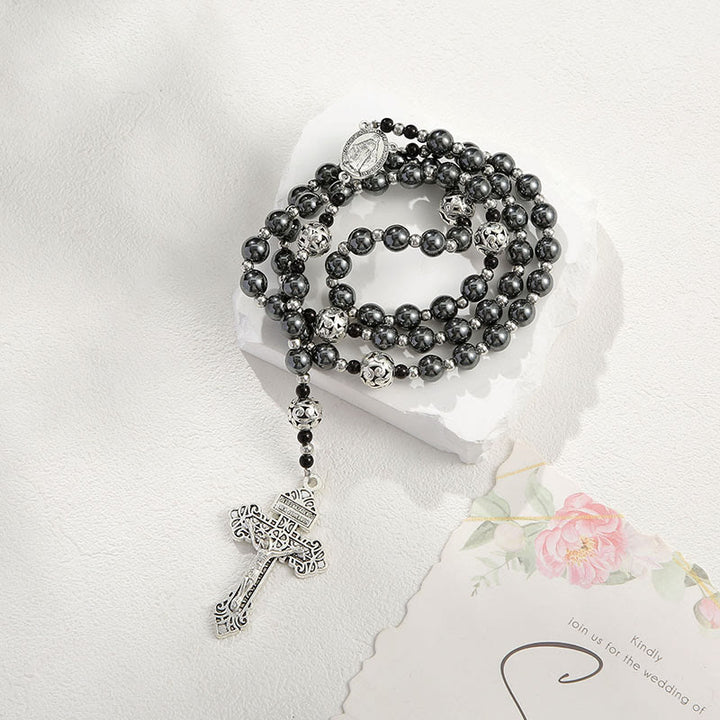 Christianartworkshop Médaille miraculeuse et crucifix en cordon de nylon noir de 8 mm pour calculs biliaires ronds - Collier de perles rondes en pierre biliaire noire de 8 mm - image 0