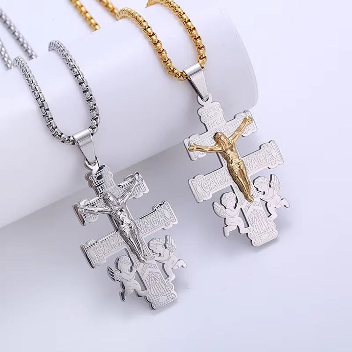 Christianartworkshop Collier pendentif crucifix rétro style classique avec anges - Argent-or - image 0