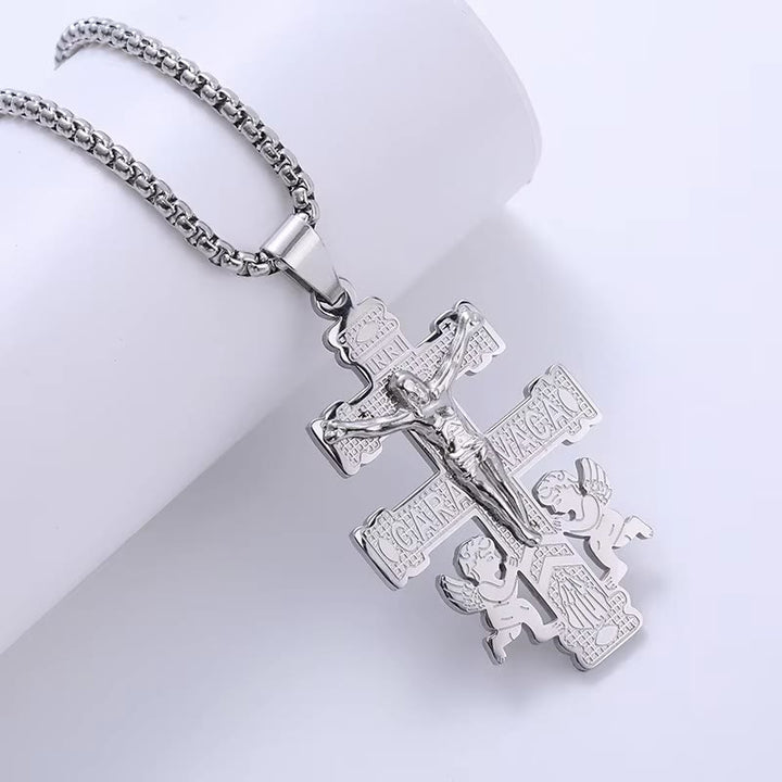 Christianartworkshop Collier pendentif crucifix rétro style classique avec anges - Argent - image 4