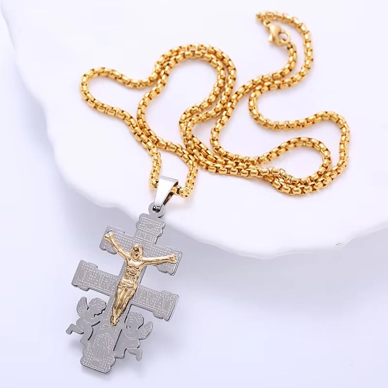 Christianartworkshop Collier pendentif crucifix rétro style classique avec anges - image 3