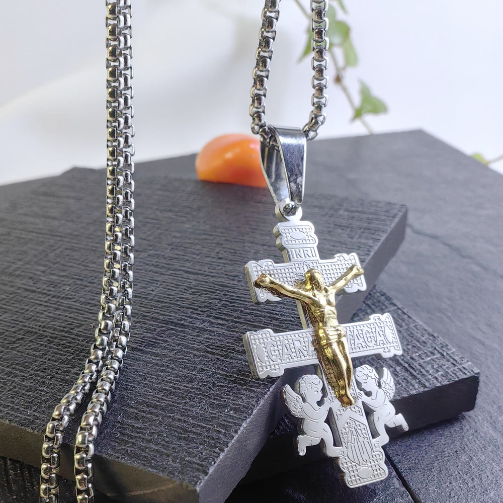 Christianartworkshop Collier pendentif crucifix rétro style classique avec anges - image 1