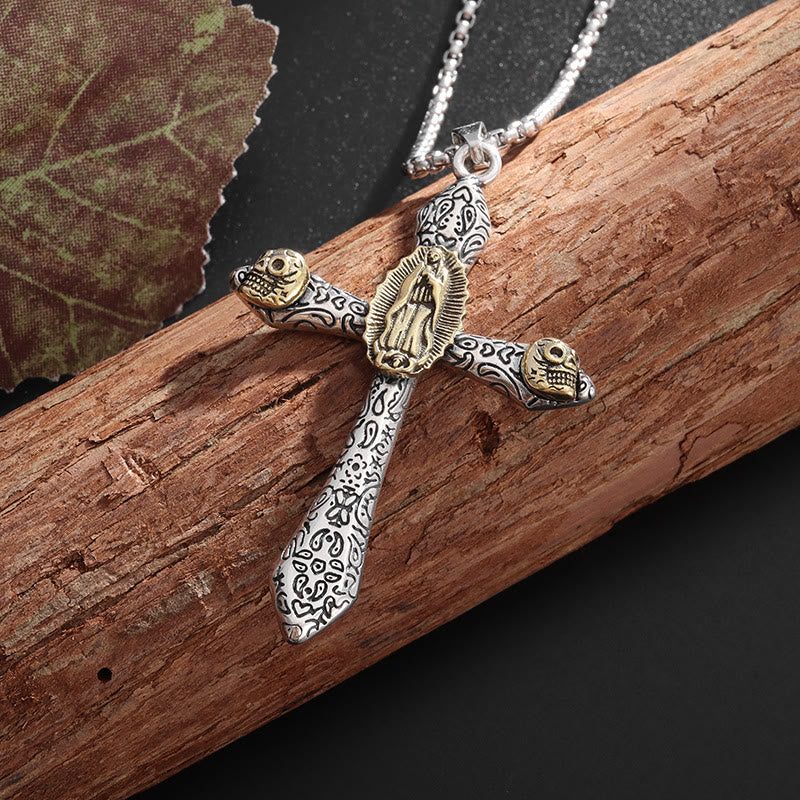 Christianartworkshop Collier crucifix rétro style classique avec pendentif Notre-Dame de Guadalupe - Doré - image 0