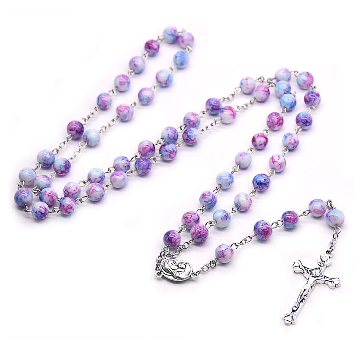 Christianartworkshop Chapelet en alliage de verre violet rond de 6 mm avec croix et Vierge à l'Enfant - Violet - image 0