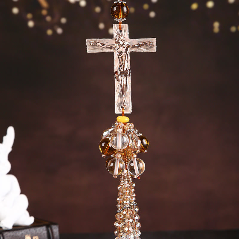 Christianartworkshop Pendentif de voiture de style moderne, orné d'un crucifix en cristal et de pompons. Décoration à suspendre pour voiture. - Pendentif crucifix - image 3