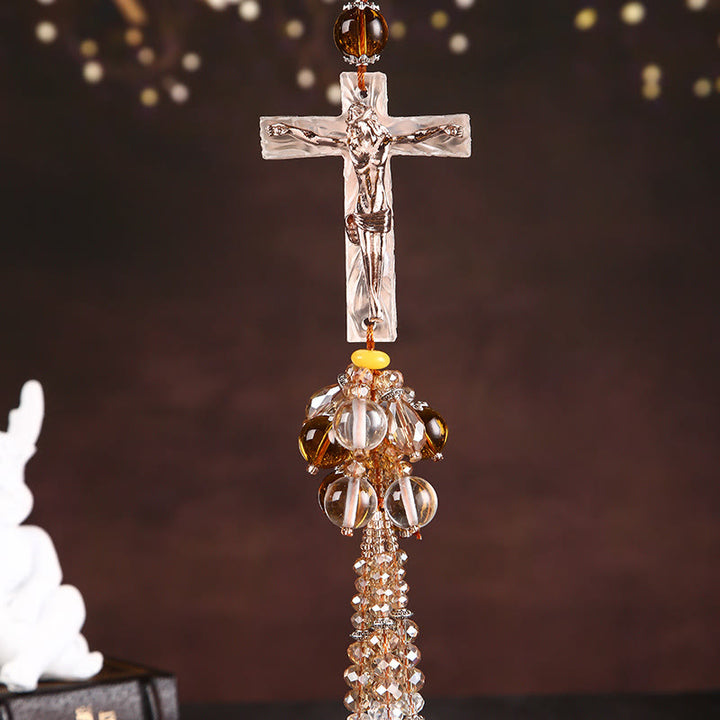 Christianartworkshop Pendentif de voiture de style moderne, orné d'un crucifix en cristal et de pompons. Décoration à suspendre pour voiture. - Pendentif crucifix - image 3