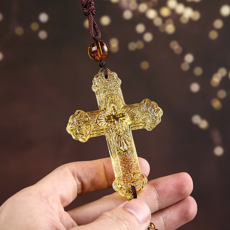 Christianartworkshop Pendentif de voiture de style moderne, orné d'un crucifix en cristal et de pompons. Décoration à suspendre pour voiture. - image 7
