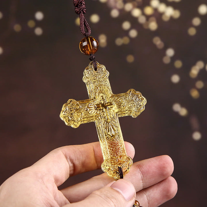 Christianartworkshop Pendentif de voiture de style moderne, orné d'un crucifix en cristal et de pompons. Décoration à suspendre pour voiture. - image 7