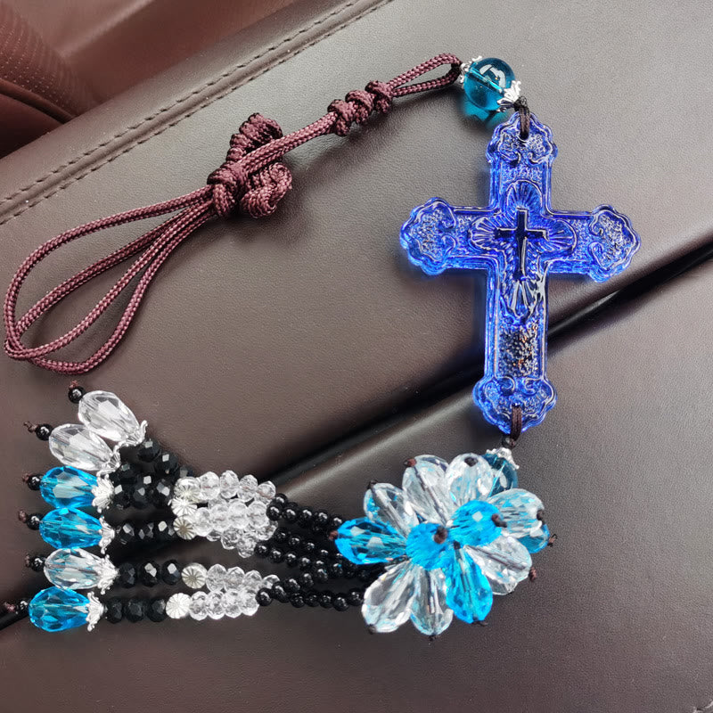 Christianartworkshop Pendentif de voiture de style moderne, orné d'un crucifix en cristal et de pompons. Décoration à suspendre pour voiture. - Pendentif en perle bleue - image 10