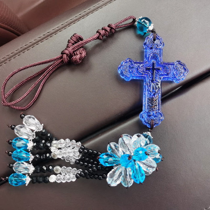 Christianartworkshop Pendentif de voiture de style moderne, orné d'un crucifix en cristal et de pompons. Décoration à suspendre pour voiture. - Pendentif en perle bleue - image 10