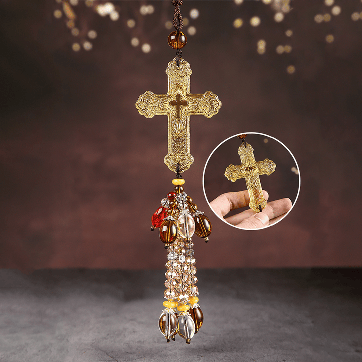 Christianartworkshop Pendentif de voiture de style moderne, orné d'un crucifix en cristal et de pompons. Décoration à suspendre pour voiture. - Pendentif en perle dorée - image 1