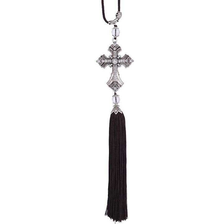 Christianartworkshop Ornement de rétroviseur de voiture moderne en alliage avec pompons en forme de croix - image 3