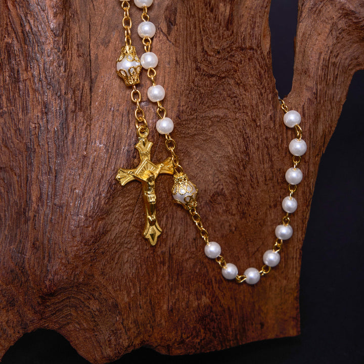 ChristianartworkshopMédaille de Saint Benoît et crucifix en chapelet avec perle blanche ronde de 6 mm et chaîne en alliage - image 2