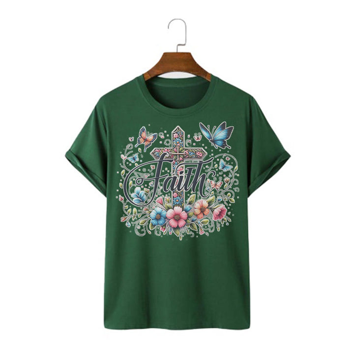 T-shirt à manches courtes Christianartworkshop style bohème fleurs et croix - Vert foncé - 2XL - image 11