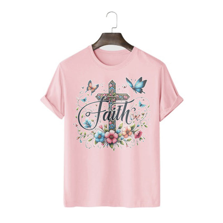 T-shirt à manches courtes Christianartworkshop style bohème fleurs et croix - Rose - 2XL - image 0