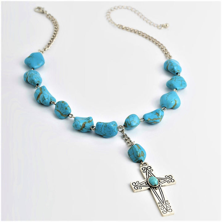 Christianartworkshop Collier pendentif croix en pierre naturelle turquoise style rétro - image 2