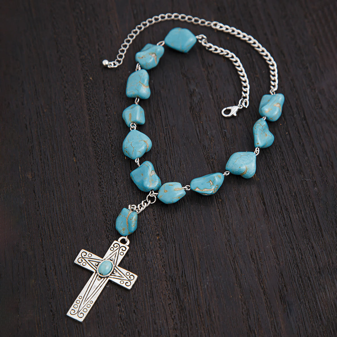 Christianartworkshop Collier pendentif croix en pierre naturelle turquoise style rétro - image 3