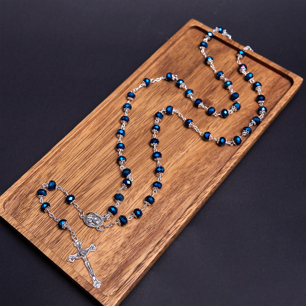 Christianartworkshop Chapelet en alliage de cristal multicolore avec pendentif Vierge à l'Enfant et crucifix de 6 mm en polyèdre - Bleu - image 1