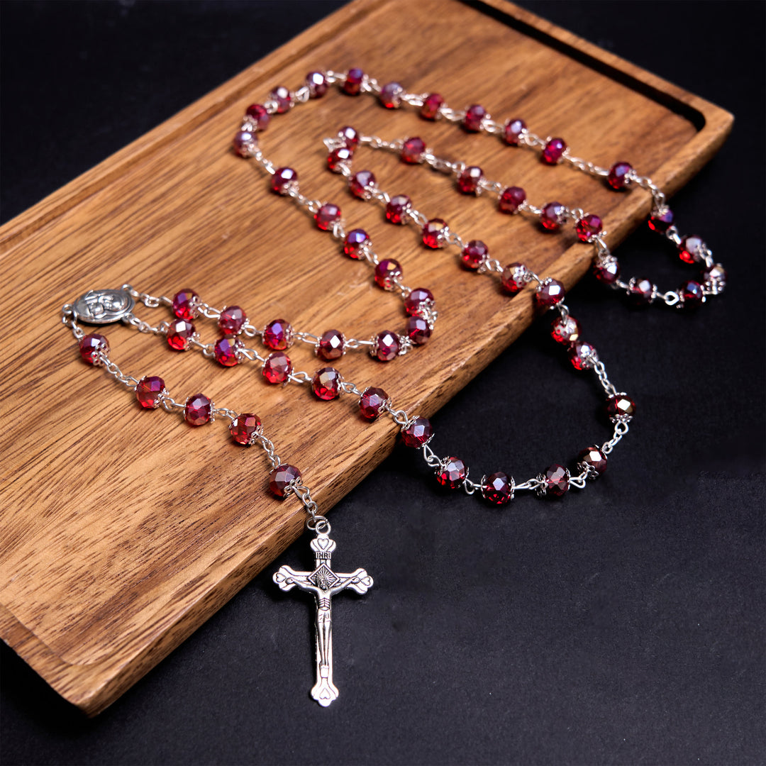 Christianartworkshop Chapelet en alliage de cristal multicolore avec pendentif Vierge à l'Enfant et crucifix de 6 mm en polyèdre - Rouge - image 0