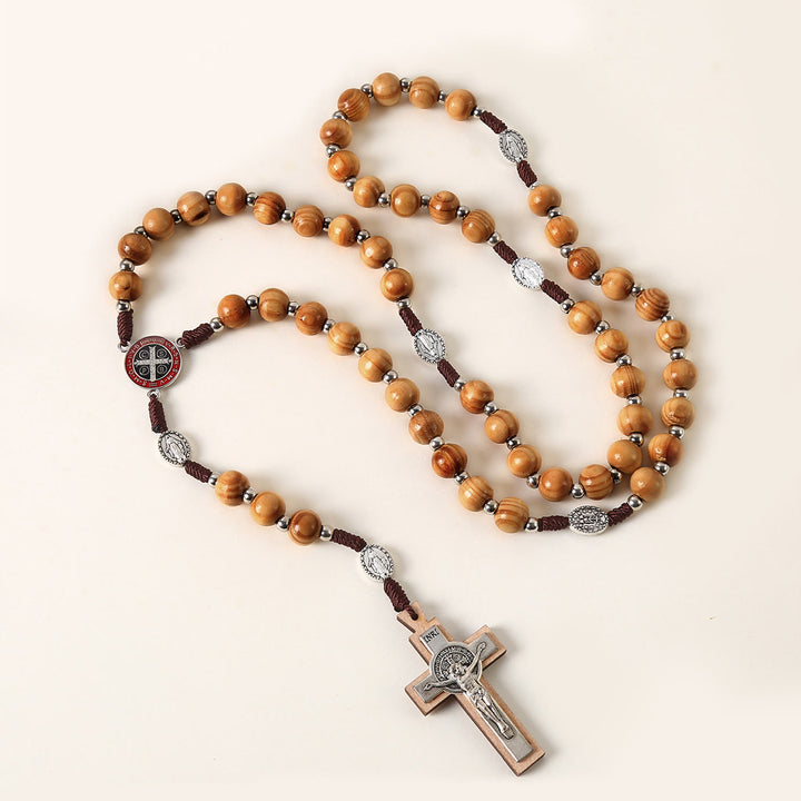 Christianartworkshop Médaille miraculeuse, médaille de saint Benoît et crucifix en cordon de nylon et bois brun rond de 10 mm - Perles de bois - image 0