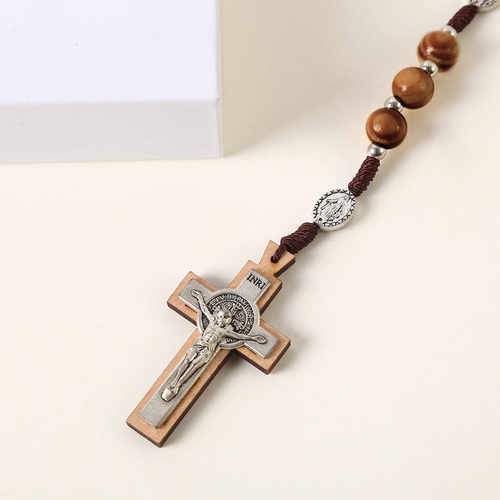 Christianartworkshop Médaille miraculeuse, médaille de saint Benoît et crucifix en cordon de nylon et bois brun rond de 10 mm - image 3
