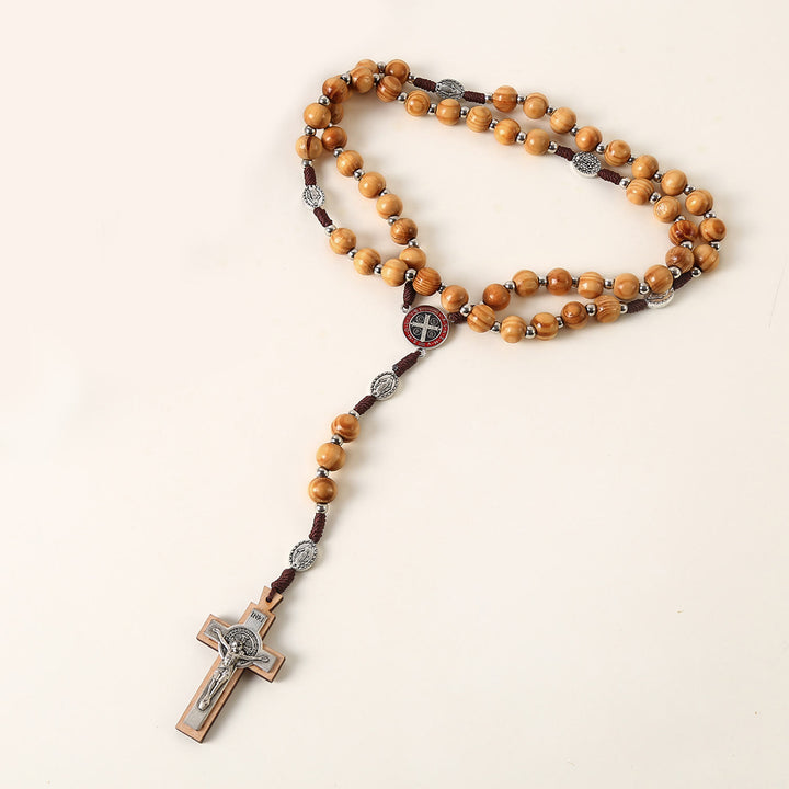 Christianartworkshop Médaille miraculeuse, médaille de saint Benoît et crucifix en cordon de nylon et bois brun rond de 10 mm - image 1