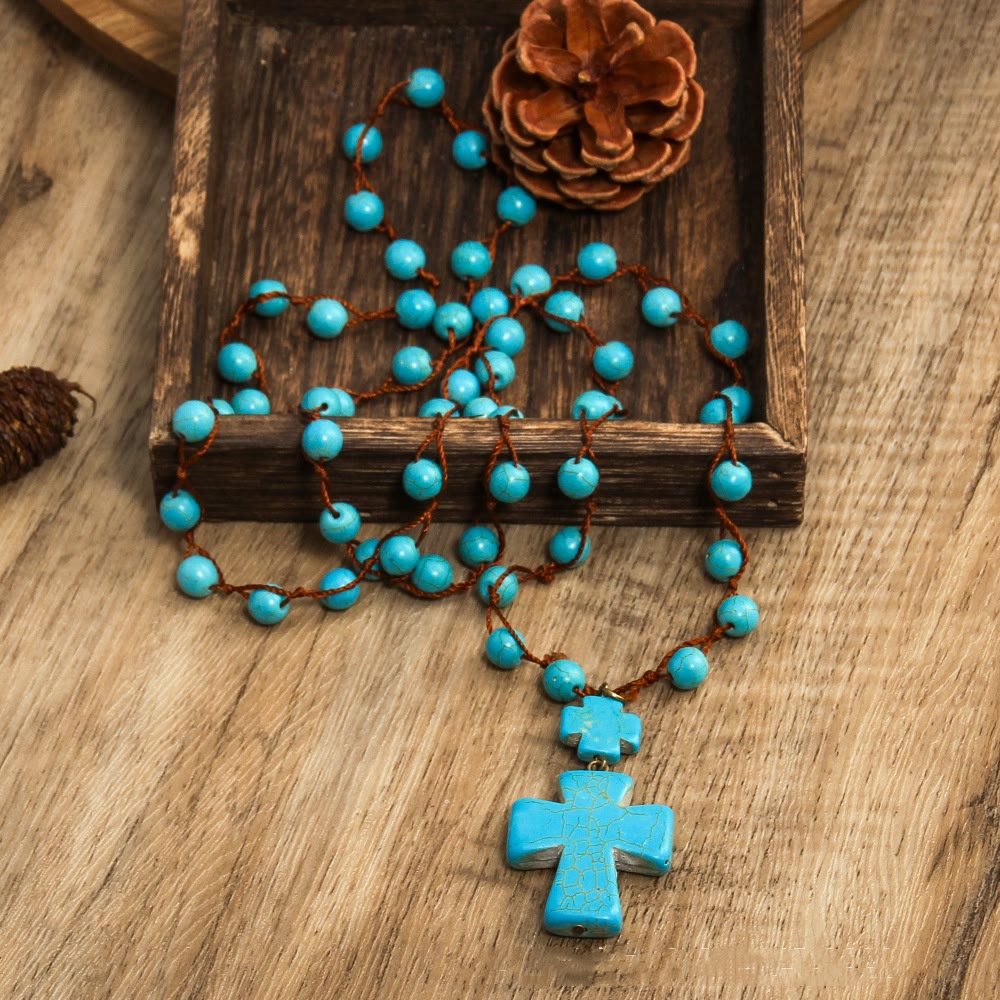 Christianartworkshop Collier pendentif croix tressée turquoise style folk - Bleu - image 0
