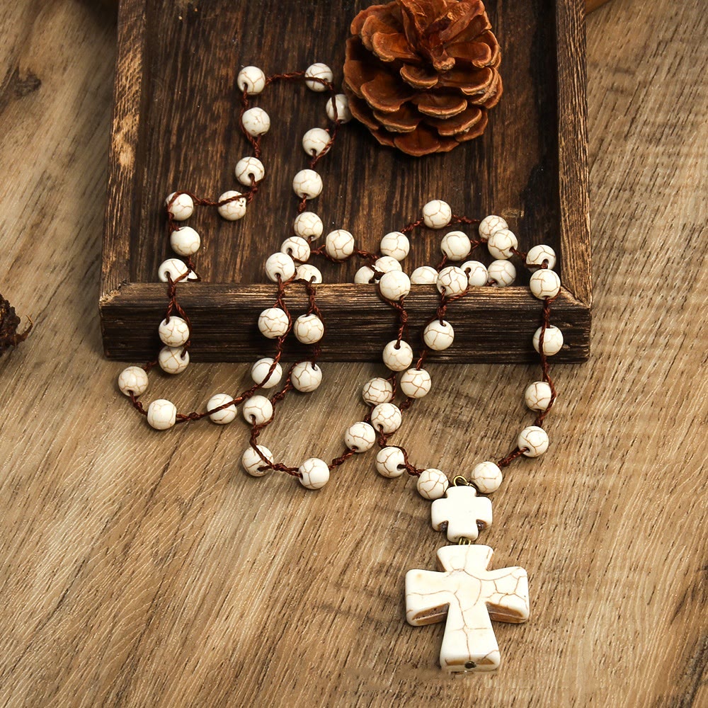 Christianartworkshop Collier pendentif croix tressée turquoise style folk - Blanc - image 1