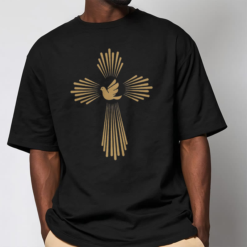 T-shirt à manches courtes Christianartworkshop style minimaliste avec colombe du Saint-Esprit, croix dorée et motif de croix du Saint-Esprit - image 1