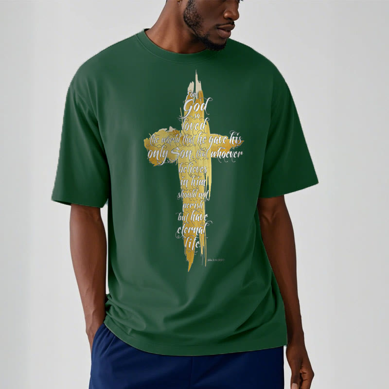 T-shirt à manches courtes Christianartworkshop avec citation et verset biblique « Croix dorée » - Jean 3:16 - image 10