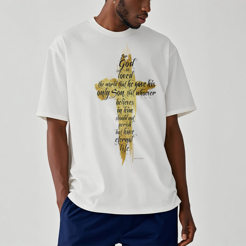 T-shirt à manches courtes Christianartworkshop avec citation et verset biblique « Croix dorée » - Jean 3:16 - image 1