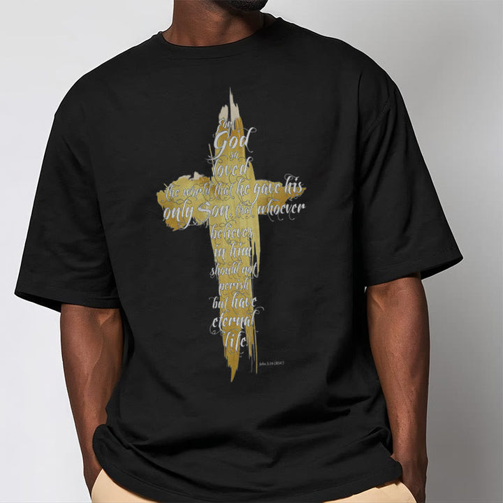 T-shirt à manches courtes Christianartworkshop avec citation et verset biblique « Croix dorée » - Jean 3:16 - image 4